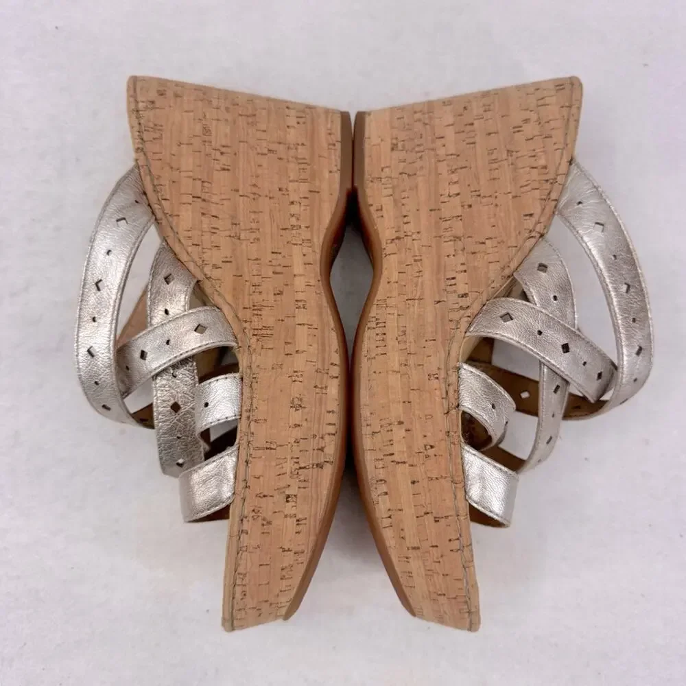 EUC Born Cork Wedges Sandals Leather Pewter size 12 4.5” Heels Strappy